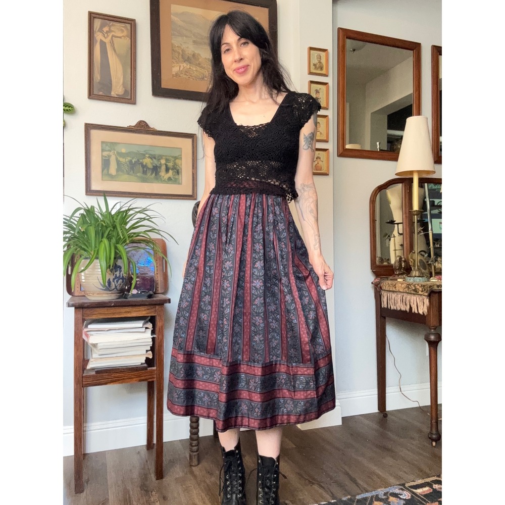 Vintage Lanz Originals Floral Striped Midii Skirt Cottagecore folk Romantic